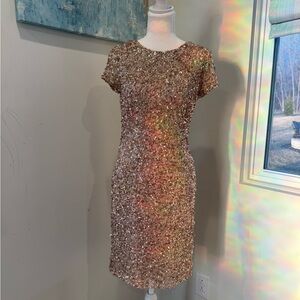 Adrianna Papell Sequin Sheath Party Dress in Gold - Elegant Short Sleeve size 8